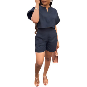 ชุดเซ็ตสองชิ้นสีพื้นแขนสั้นทรงหลวมแฟชั่นสำหรับผู้หญิงมาใหม่สำหรับฤดูร้อน - Product Image 2