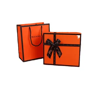 Kotak Parfum Cetak Logo Kustom Kardus Kotak Bergelombang Kaku Oranye Set Hadiah Kotak Parfum