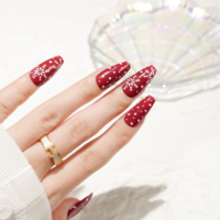 Uñas Postizas Rojas con Copos de Nieve Navideños, Uñas Postizas Cortas en Forma de Ataúd, Puntas de Uñas Reutilizables para Decoración Navideña