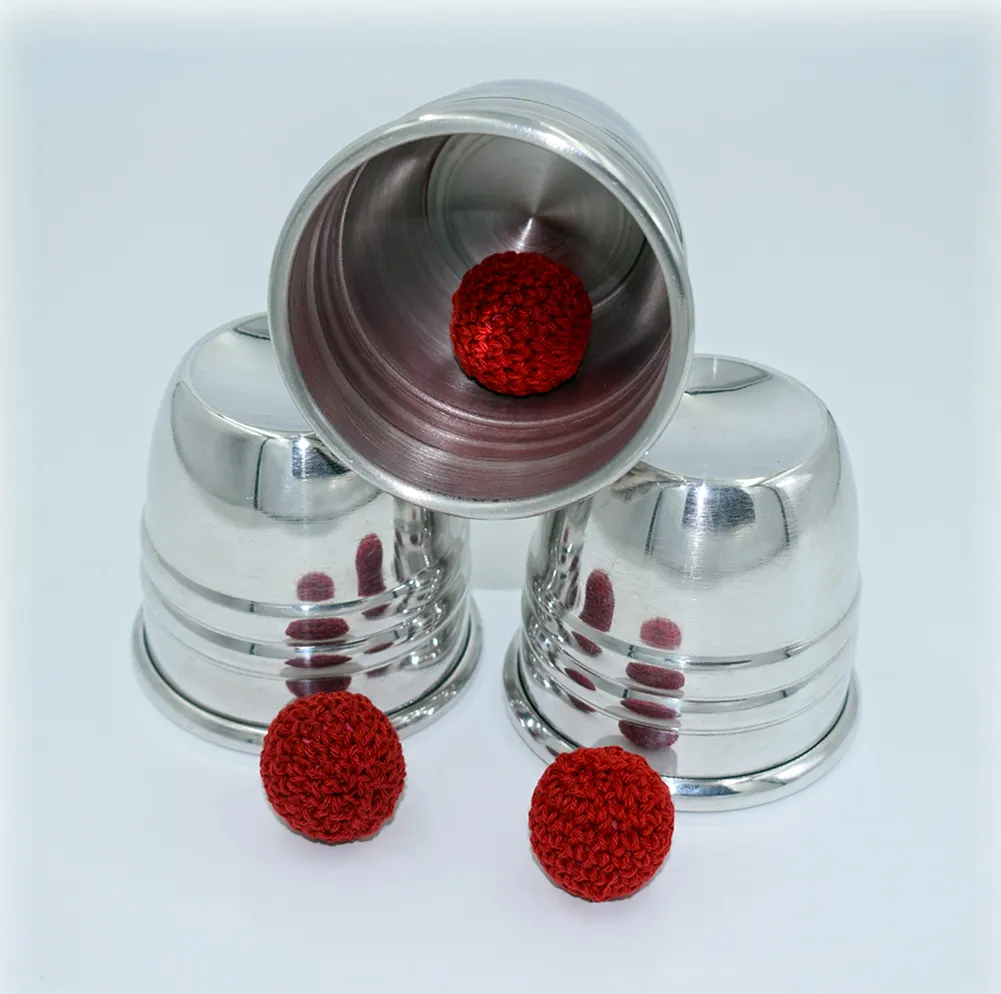 Professional Stage Magic Show Silver Color Cups and Balls Trick Prop Polished Aluminum Cups and Knitted Balls Included