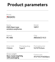Écouteurs sans fil BT de type ouvert OWS Yesido BT5.3 IPX5 étanches haute définition YSP17