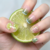 Faux ongles press-on faits main, motif citron mignon, courts carrés, dégradé vert, pailletés, pour manucure estivale quotidienne, avec colle, 24 pièces