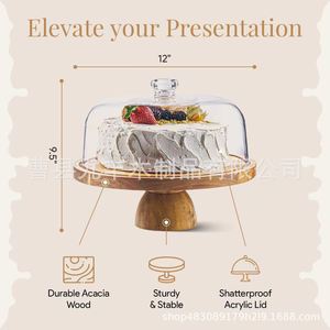Jiufeng Wooden Cake Stand With Glass Lid Round Solid Wood Dessert <b>Tray</b> For Party <b>Table</b> Decoration - Product Image 4