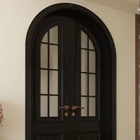 Porte vitrée arquée noire de style français avec grille, cadre en bois massif/PVC pour villa, hôtel, hôpital, salle à manger, entrée