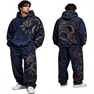 Conjunto Deportivo de Dos Piezas para Hombre, Sudadera con Capucha Extra Grande con Estampado de Dragón Azul Marino, Pantalones Deportivos, Estilo Urbano Apex - Product Image 1