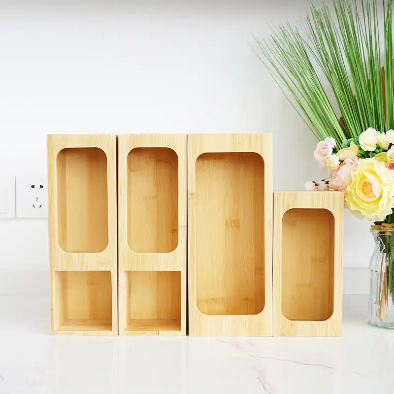 Abnehmbarer Rücken Holz Kunststoff Schwarz Erweiterbarer Bambus Druck verschluss beutel Aufbewahrung organisator für Küchen schublade