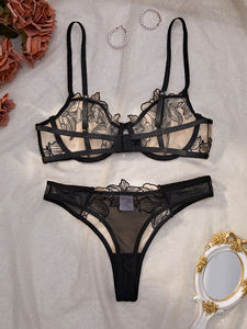 सबसे अच्छी बिक्री फैशनेबल आरामदायक शरीर फिटिंग काले प्रिंट पुष्प लिंगरी सेट - Product Image 3