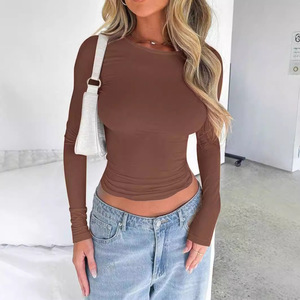 Nouveau T-<span class=keywords><strong>shirt</strong></span> Décontracté pour <span class=keywords><strong>Femme</strong></span>, Couleur Unie, Col Rond, Manches Courtes ou Longues Ajustées - Product Image 5