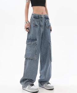 جيب السيدات عالية الخصر الساق واسعة الجينز الفضفاض الغسيل الخفيف الدنيم السراويل البضائع تنفس راحة عالية فضفاضة تناسب الجينز المرأة - Product Image 1