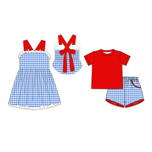 Tenues décontractées pour bébé garçon avec imprimé à carreaux du 4 juillet, robes à volants pour enfants, ensembles assortis pour frères et sœurs, nouveaux designs américains, vêtements en coton - Product Image 1