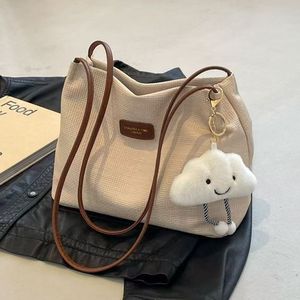 Bolso de Hombro Tejido Beige para Mujer, Bolso Tote de Gran Capacidad, Estilo Lona PU, para el Uso Diario, Compras - Product Image 1