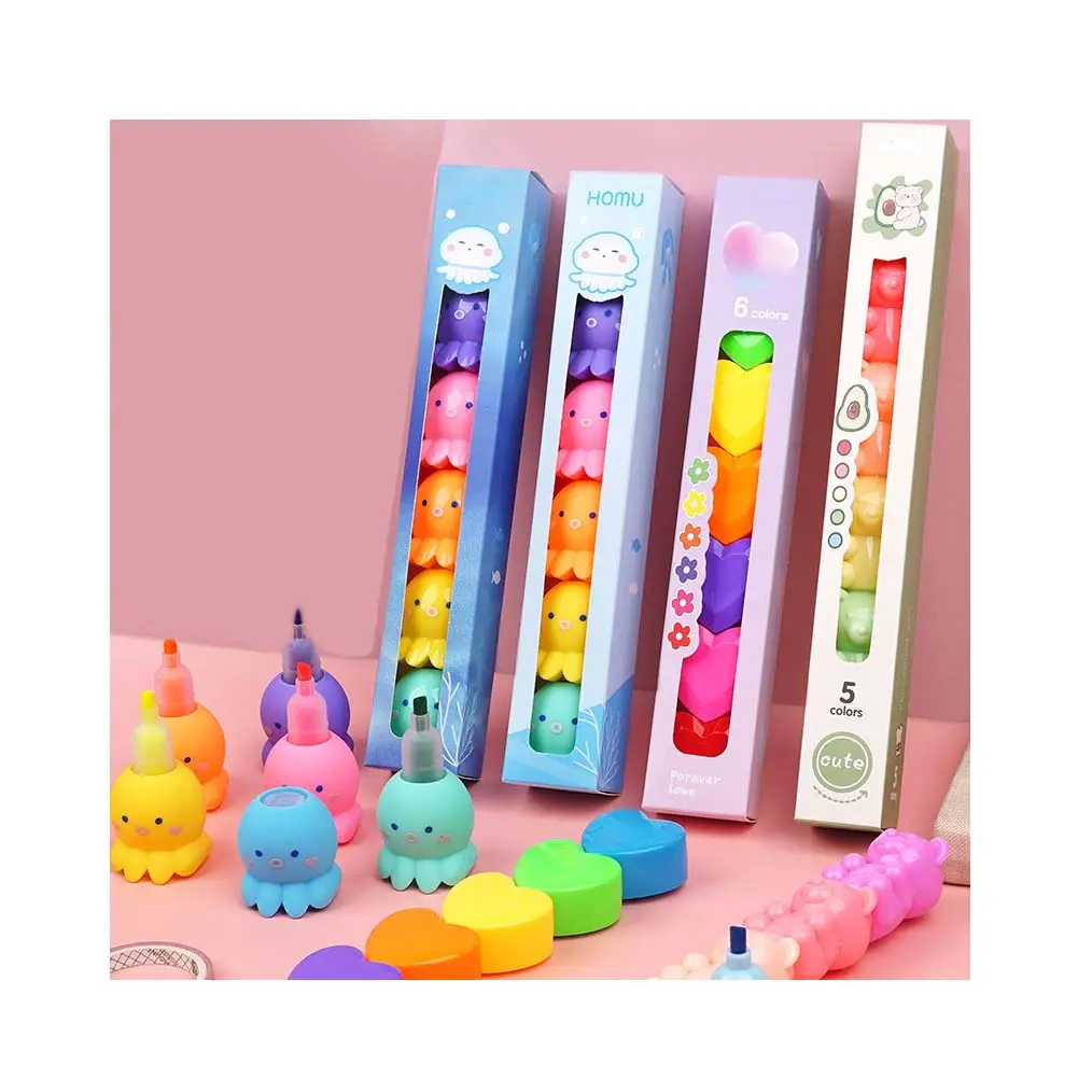 Nouveau surligneurs coréens 6 couleurs stylo marqueur cadeau créatif mini mignon poulpe surligneur stylo ensemble pour enfants fournitures de papeterie