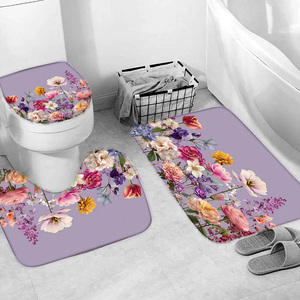 Set di 4 Pezzi <span class=keywords><strong>Tenda</strong></span> Doccia Impermeabile Floreale Vintage Personalizzata, Poliestere <span class=keywords><strong>Lilla</strong></span>, Decorazioni Bagno, Tappetini, Copriwater - Product Image 4