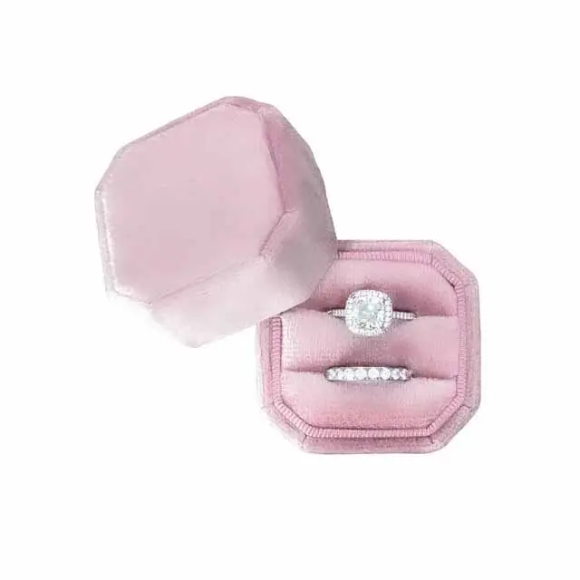 सबसे अच्छा बेच गुलाबी सुरुचिपूर्ण मखमल की अंगूठी बॉक्स डबल छल्ले भंडारण थोक मूल्य
