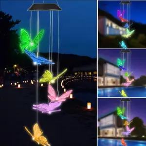 LED güneş rüzgar Chime ışık renk değiştiren Hummingbird açık güneş lambası Elk/kelebek/yıldız bahçe dekorasyon hediye