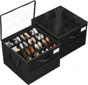 Lot de 2 boîtes de rangement pliables pour chaussures avec couvercle transparent et poches en filet, organisateur de chaussures pour placard avec séparateurs ajustables - Product Image 1