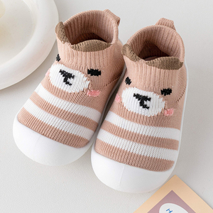 Chaussons-chaussettes tricotés rayés marron tendance <span class=keywords><strong>pour</strong></span> bébé, avec languette de traction, semelle souple et flexible en TPE antidérapante, vente en gros par lot - Product Image 1