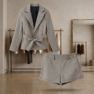 Conjunto de Traje de 2 Piezas a Cuadros para Mujer, Blazer con Cinturón y Pantalones Cortos por Encima de la Rodilla, Estilo de Oficina para Primavera/Verano - Product Image 4