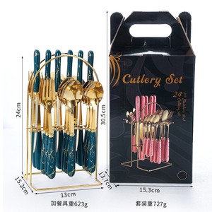 24PCS tương tự như gốm màu sắc phong cách dao nĩa và muỗng nhựa xử lý Bộ đồ ăn Hộp Quà Tặng thiết lập tái sử dụng thép không gỉ kim loại - Product Image 3