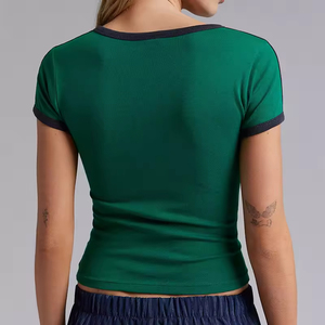 Vente en gros, conception OEM, système d'impression par transfert thermique pour l'été, t-shirt sport pour femme, coupe ajustée, manches courtes, sexy, séchage rapide, respirant, tricoté - Product Image 1