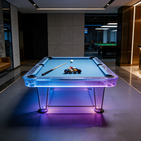 Table de billard haut de gamme S.QF 7/8/9 pieds avec plateau en ardoise, pieds transparents, éclairage LED, surface en cuir lisse et poches de récupération.