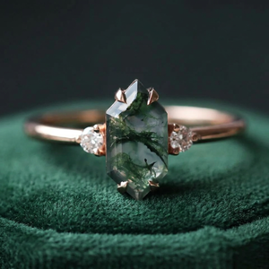 Rose Gold Plated Women's Engagement <b>Ring</b> With Hexagon Moss Agate Stone And Diamond Pave Bohemian Style - Product Image 2