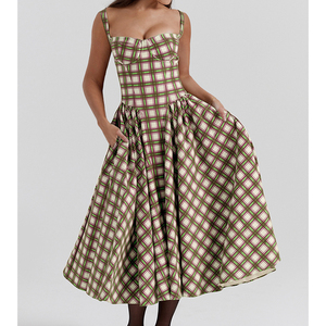 Venta al por mayor personalizado francés Plaid Sexy Premium vestidos de verano Sling Plaid Big Swing vestidos estilo corte vestidos casuales de las mujeres - Product Image 2