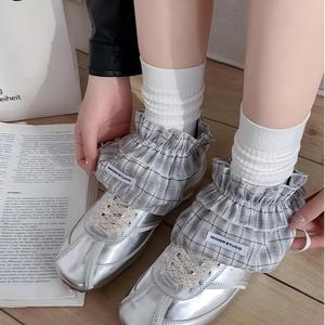 Penghangat Kaki Wanita Model Slouchy Berumbai Motif Kotak-kotak dan Renda, Ringan, Kasual, Desain Campuran, Modis, Trendi, dan Elegan untuk Sepatu Boot - Product Image 5