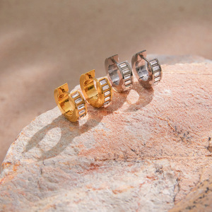 Diamond <b>Earrings</b> 18K Gold Stainless Steel Baguette Cut 15mm Unisex Everyday Wear - Product Image 4