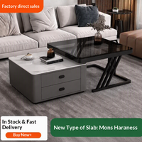 Table basse de luxe pour salon, plateau en verre veiné de pierre, style moderne minimaliste, carrée, avec rangement intégré, petite taille