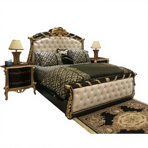 Cama Moderna de Madera de Teca Tallada a Mano con Acabado Negro y Dorado, Tamaño Queen, Estilo Antiguo, Muebles de Dormitorio - Product Image 1