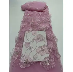 アフリカンレース生地シャイニースパンコールビーズフレンチチュールネット刺Embroidery生地3Dフローラルウェディングドレス用