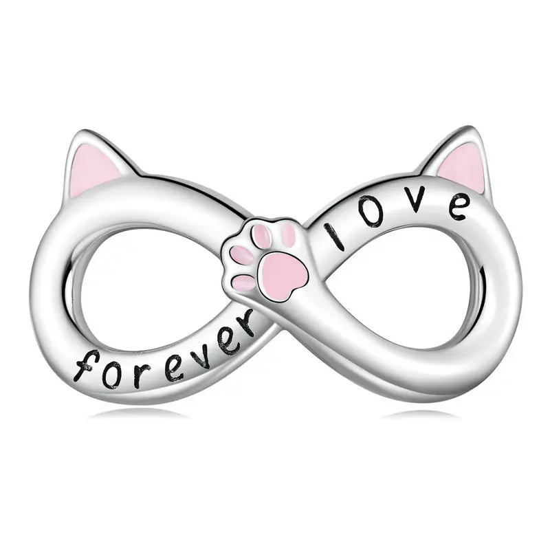 Christmas Gift 925Sterling Silver Women Girls Forever Love Engraved Pink Enamel Paw Cute Cat Infinity Charm For Bracelet