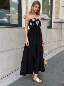 เดรสยาวลำลองปักลายดอกไม้สีดำสำหรับผู้หญิง ขายส่งปี 2025 แขนสั้นผ้าฝ้าย - Product Image 5