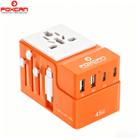 Adaptateur de voyage rétractable Foxcan 45W PD/GaNs 3USB-C+2USB-A avec multiprise pour ordinateur portable, appareil photo et écouteurs - Charge rapide