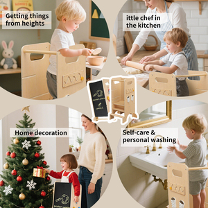 Tour de jeu <span class=keywords><strong>pliable</strong></span> en bois Montessori pour enfants, table 5 en <span class=keywords><strong>1</strong></span> avec dossier, <span class=keywords><strong>marchepied</strong></span> de cuisine pour tout-petits, toboggan, tableau noir - Product Image 3