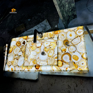 Lavabo et évier translucides en pierre de quartz onyx agate marron rétroéclairé pour salle de bain de luxe, hôtel, villa, centre commercial - Product Image 2