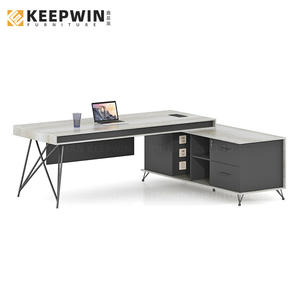 مكتب فاخر على شكل حرف L باللون الأسود والرمادي مع قاعدة معدنية، طاولة مكتب تنفيذية للرئيس التنفيذي، أثاث مكتبي منزلي - Product Image 3