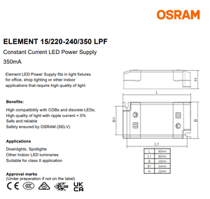 Controlador LED de Corriente Constante Aislado OSRAMs ELEMENT 15/220-240/350 LPF 14.7W 350mA 30‑42V SELV AC198‑264V IP20 - Product Image 2