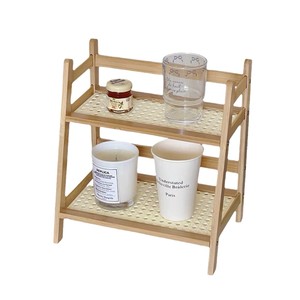 Wooden Two-tier <b>Storage</b> <b>Rack</b> With Rattan Mat <b>Kitchen</b> Shelf Standing Type Double Layer Thickened Material - Product Image 5