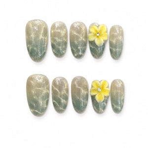 Faux ongles à presser vert menthe français, motif floral scintillant, couvrance totale, longueur moyenne, avec colle pour doigts - Product Image 1