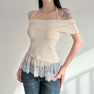 Top estilo americano con cuello halter y hombros descubiertos para mujer, camiseta sexy de verano con encaje y manga corta, corte ajustado - Product Image 5