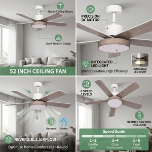 Ventilateur de plafond LED <span class=keywords><strong>ProBreeze</strong></span>, 5 pales, style européen moderne, corps en plastique, 52 pouces, silencieux, moteur DC 6 vitesses, avec variateur d'intensité - Product Image 5