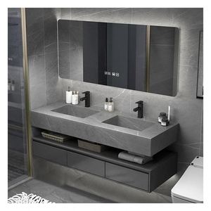 Meuble de salle de bain mural en bois massif laqué foncé au design moderne pour hôtels et appartements - Product Image 1