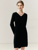 Robe en cachemire pur à 100% à col en V, tricotée, pour femmes, automne et hiver, ample, mi-longue, élégante, robe pull pour le travail