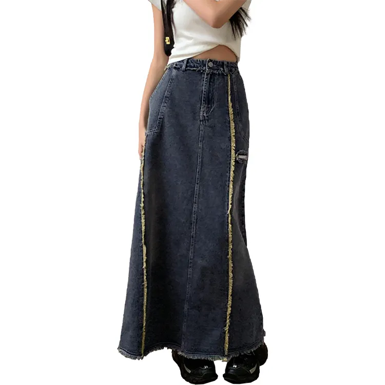 Damen lässige denim langer rock herbst frühling retro blau hohe taille jean denim röcke 2024