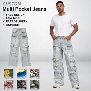 Jeans de Mezclilla Azul para Hombre, Peso Pesado, 13.5oz |   Pantalones de Trabajo con Diseño de Parches y Múltiples Bolsillos |   Fabricante OEM Venta al por Mayor - Product Image 2