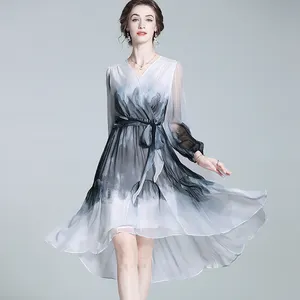 China Silk Women Dress Supplier Elegant V-Neck Ladies High Quality Casual Silk Dress 100% Mulberry Silk Dresses Women