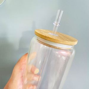 Recyclable 16oz 20oz Iridescent clear Borosilicate <b>Glass</b> <b>Beer</b> <b>Can</b> with Bamboo Lid and clear Plastic Straw Suitable for Vinyl - Product Image 5