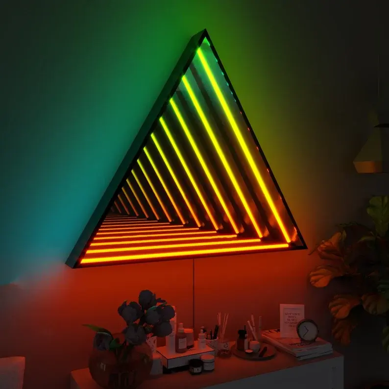 Infinity Triangle Mirror LED Wall Lamp Geometric RGB Colour Changing Wall Decor Endless Magical Lighting, Holographic Portal